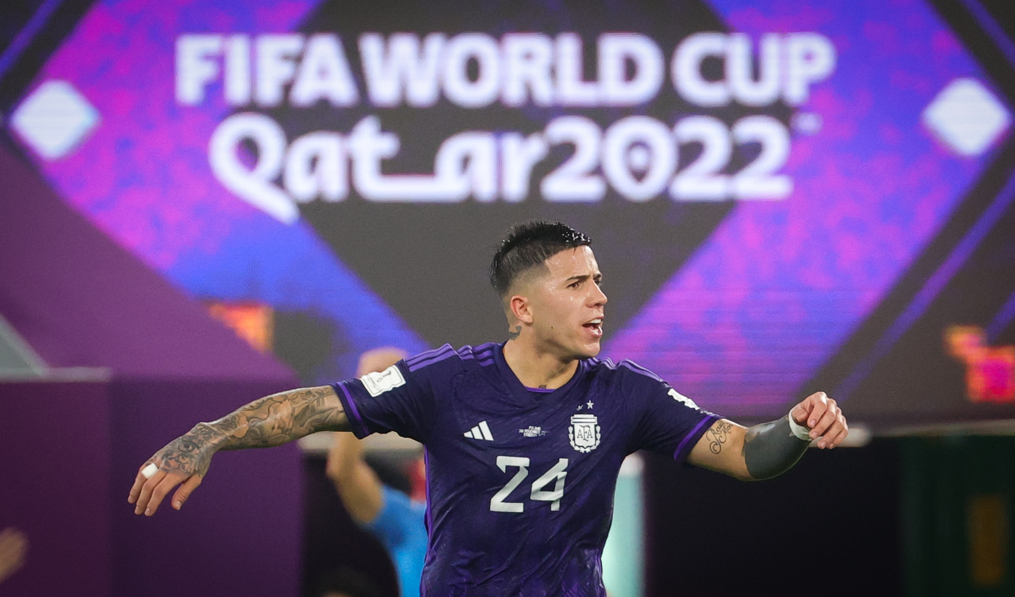Argentina's Enzo Fernandez gestures during a soccer game between Poland and Argentina, the third and last game in Group C of the FIFA 2022 World Cup in Al Wakrah, State of Qatar on Wednesday 30 November 2022. BELGA PHOTO VIRGINIE LEFOUR Photo: VIRGINIE LEFOUR/PIXSELL