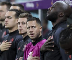 Belgium's Thorgan Hazard, Belgium's Eden Hazard and Belgium's Romelu Lukaku stand at the national anthem at a soccer game between Belgium's national team the Red Devils and Croatia, the third and last game in Group F of the FIFA 2022 World Cup in Al Rayyan, State of Qatar on Thursday 01 December 2022.
 BELGA PHOTO BRUNO FAHY Photo: BRUNO FAHY/PIXSELL