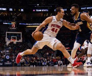 Dec 7, 2022; New Orleans, Louisiana, USA;  Detroit Pistons forward Bojan Bogdanovic (44) dribbles against New Orleans Pelicans guard CJ McCollum (3) during the first half at Smoothie King Center. Mandatory Credit: Stephen Lew-USA TODAY Sports Photo: Stephen Lew/REUTERS