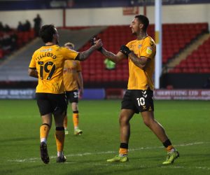 Walsall v Newport County - Sky Bet League Two - Banks s Stadium Newport County s Dominic Telford left celebrates with Courtney Baker-Richardson after Walsall s Conor Wilkinson not pictured scores an own goal during the Sky Bet League Two match at Banks s Stadium, Walsall. Picture date: Saturday January 1, 2022. EDITORIAL USE ONLY No use with unauthorised audio, video, data, fixture lists, club/league logos or live services. Online in-match use limited to 120 images, no video emulation. No use in betting, games or single club/league/player publications. PUBLICATIONxNOTxINxUKxIRL Copyright: xBradleyxCollyerx 64556674