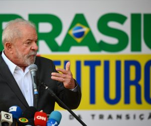 epa10344680 Brazil's President-elect Luiz Inacio Lula da Silva gives a press conference at the Government Transitional Cabinet in Brasilia, Brazil, 02 December 2022.  EPA/Andre Borges