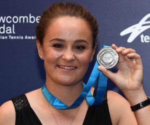 epa10361840 Retired Australian tennis player Ashleigh Barty poses with her Newcombe Medal at the 2022 Australian Tennis Awards at Palladium at Crown in Melbourne, Australia, 12 December 2022. Barty claimed a record fifth consecutive Newcombe Medal.  EPA/JULIAN SMITH AUSTRALIA AND NEW ZEALAND OUT