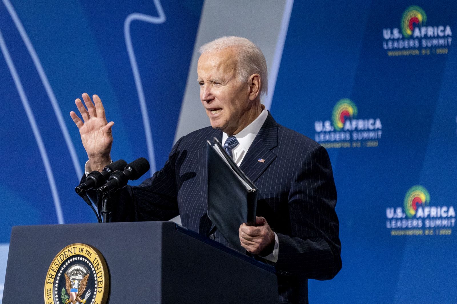 epa10365985 US President Joe Biden delivers remarks during the U.S. Africa Leaders Summit at the Walter E. Washington Convention Center in Washington, DC, USA, 14 December 2022. The U.S-Africa Leaders Summit brings together heads of state, government officials, business leaders, and civil society to strengthen ties between the U.S. and Africa.  EPA/SHAWN THEW