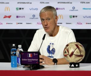 epa10369491 France head coach Didier Deschamps during a press conference at the FIFA World Cup 2022 in Doha, Qatar, 17 December 2022. France will face Argentina in the World Cup final on 18 December.  EPA/RONALD WITTEK