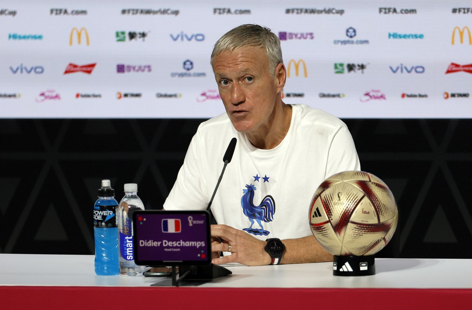 epa10369491 France head coach Didier Deschamps during a press conference at the FIFA World Cup 2022 in Doha, Qatar, 17 December 2022. France will face Argentina in the World Cup final on 18 December.  EPA/RONALD WITTEK