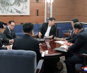 epa10382328 A photo released by the official North Korean Central News Agency (KCNA) shows North Korean supreme leader Kim Jong-un (C) meeting with senior Workers' Party of Korea officials during the fourth-day session of the sixth enlarged meeting of the eighth Central Committee of the Workers' Party of Korea in Pyongyang, North Korea, 29 December 2022 (issued 30 December 2022).  EPA/KCNA   EDITORIAL USE ONLY