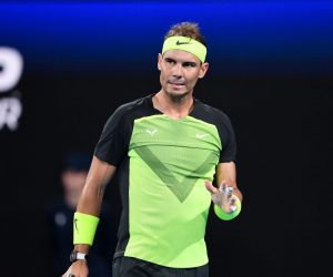 epa10386095 Rafael Nadal of Spain gestures in his match against Alex de Minaur of Australia during the 2023 United Cup tennis match between Spain and Australia at Ken Rosewall Arena in Sydney, Australia, 02 January 2023.  EPA/STEVEN MARKHAM AUSTRALIA AND NEW ZEALAND OUT