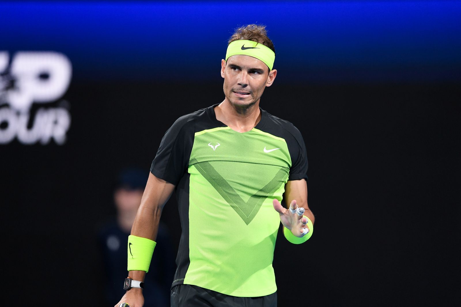 epa10386095 Rafael Nadal of Spain gestures in his match against Alex de Minaur of Australia during the 2023 United Cup tennis match between Spain and Australia at Ken Rosewall Arena in Sydney, Australia, 02 January 2023.  EPA/STEVEN MARKHAM AUSTRALIA AND NEW ZEALAND OUT