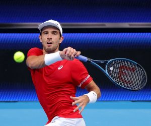epa10383593 Borna Coric of Croatia in action against Francisco Cerundolo of Argentina during the 2023 United Cup tennis match between Croatia and Argentina at RAC Arena in Perth, Western Australia, 31 December 2022.  EPA/RICHARD WAINWRIGHT  AUSTRALIA AND NEW ZEALAND OUT