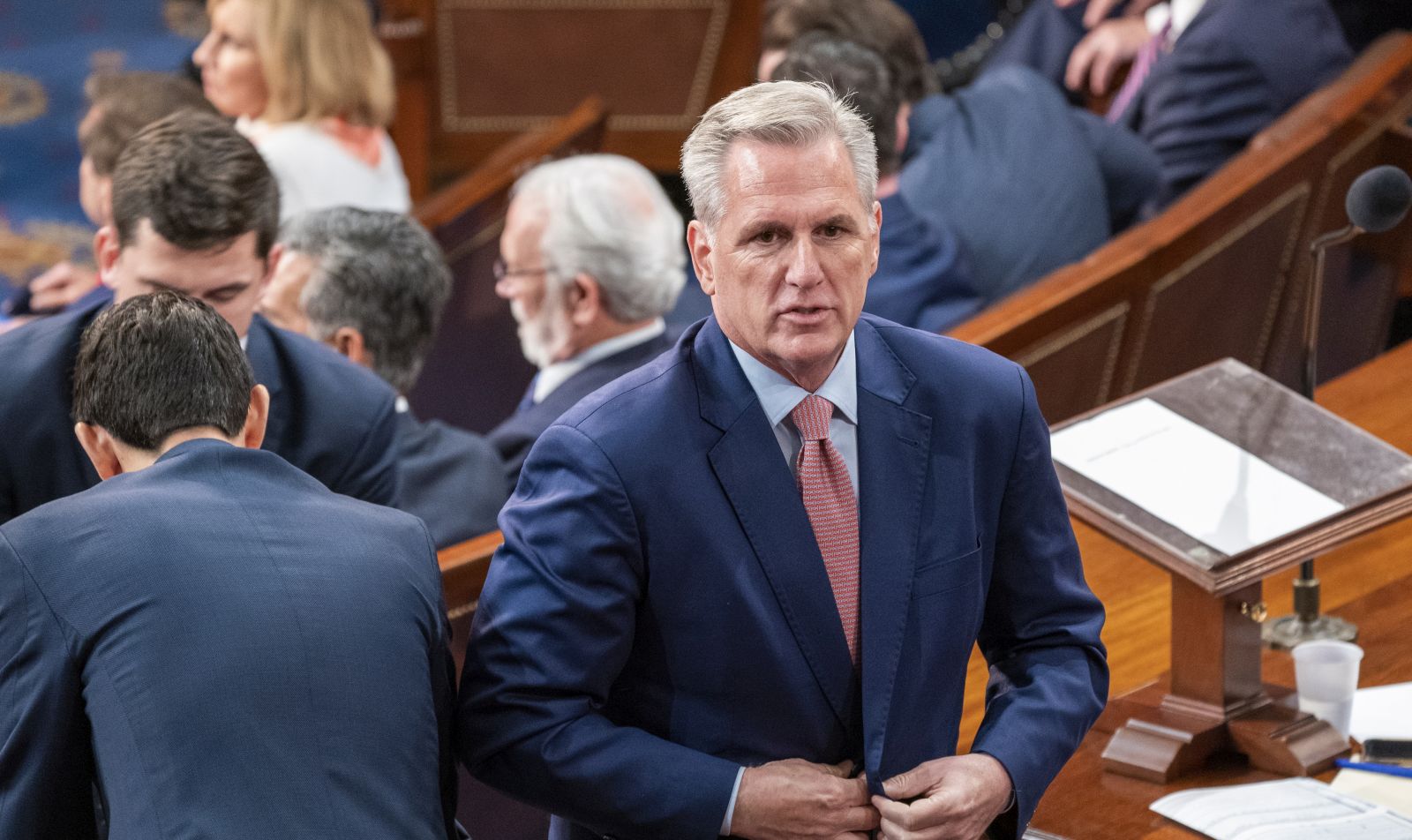 epa10387646 House Republican Leader Kevin McCarthy during first ballot vote tabulation for Speaker of the House during the opening session of the 118th Congress on the House floor in the US Capitol in Washington, DC, USA, 03 January 2023.  House Republican Leader Kevin McCarthy is facing serious opposition from his own Republican caucus putting his bid for Speaker of the House in jeopardy.  EPA/SHAWN THEW