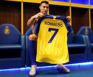 epa10388741 A handout photo made available by the Saudi Al-Nassr Club on 04 January 2023 shows Al-Nassr's new Portuguese forward Cristiano Ronaldo holding his jersey ahead of a presenting ceremony in Riyadh, Saudi Arabia, 03 January 2023. Cristiano Ronaldo is presented at Mrsool Park stadium on 03 January after he signed a contract for Al-Nassr FC until 2025.  EPA/AL-NASSR CLUB HANDOUT  HANDOUT EDITORIAL USE ONLY/NO SALES
