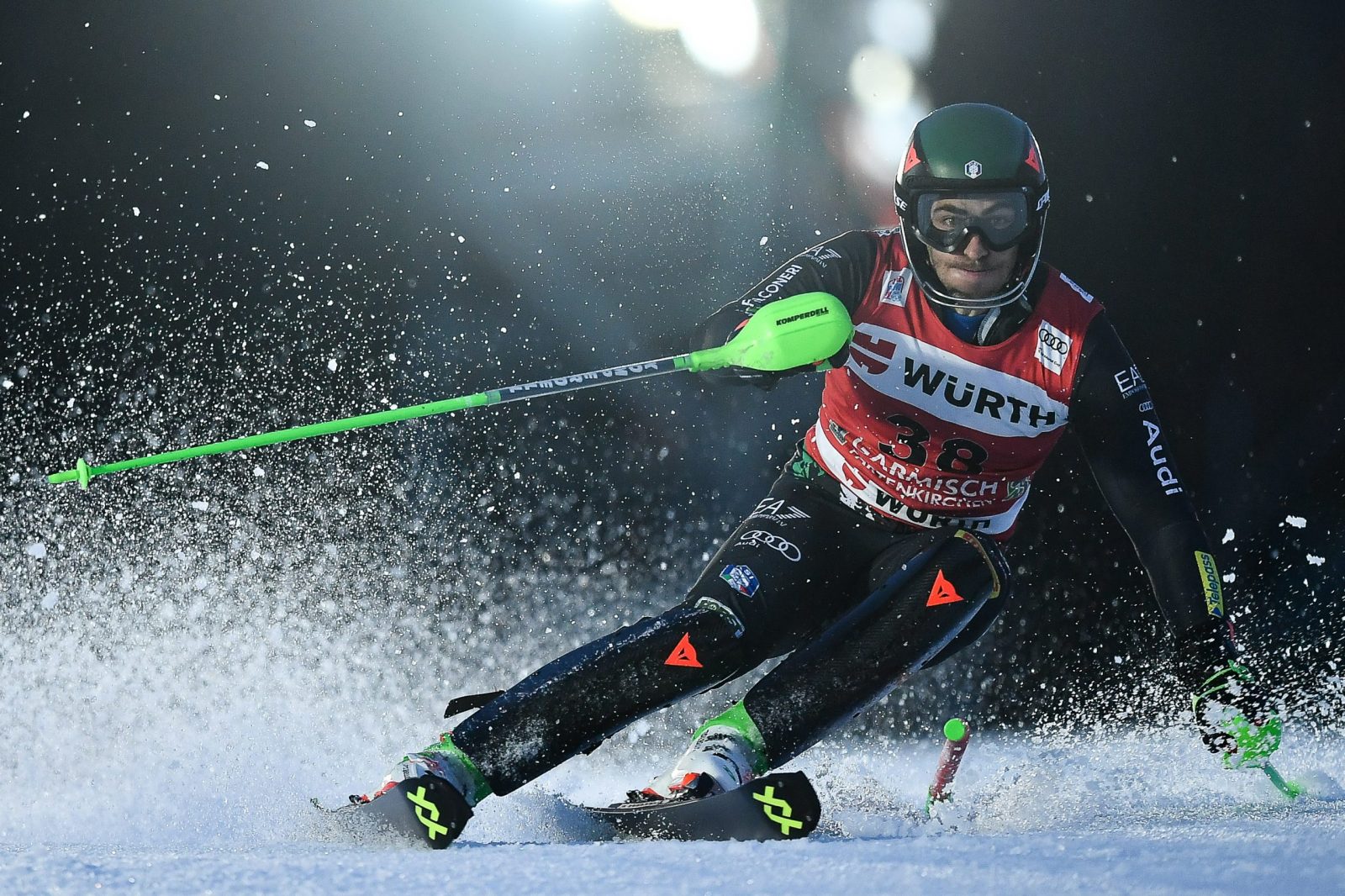 epa10389188 Stefano Gross of Italy in action during the first run of the Men's Slalom race at the FIS Alpine Skiing World Cup in Garmisch Partenkirchen, Germany, 04 January 2023.  EPA/ANNA SZILAGYI
