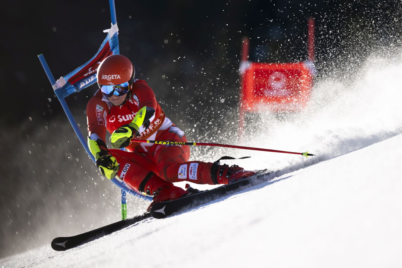 epa10393751 Filip Zubcic of Croatia in action during the first run of the men's giant slalom race at the FIS Alpine Skiing World Cup in Adelboden, Switzerland, 07 February 2023.  EPA/Anthony Anex