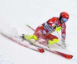 epa10395309 Filip Zubcic of Croatia in action during the first run of the men's slalom race at the Alpine Skiing FIS Ski World Cup in Adelboden, Switzerland, 08 January 2023.  EPA/JEAN-CHRISTOPHE BOTT