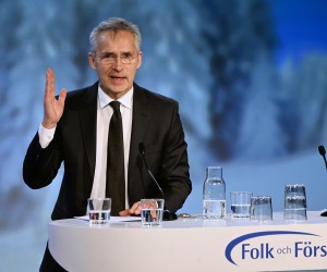 epa10395544 NATO Secretary General Jens Stoltenberg speaks during the annual Society and Defence Conference in Salen, Sweden, 08 January 2023. The Society and Defence Conference (Folk och Försvar) Annual National Conference is the foremost meeting place for the Swedish security and defence policy community.  EPA/Henrik Montgomery SWEDEN OUT