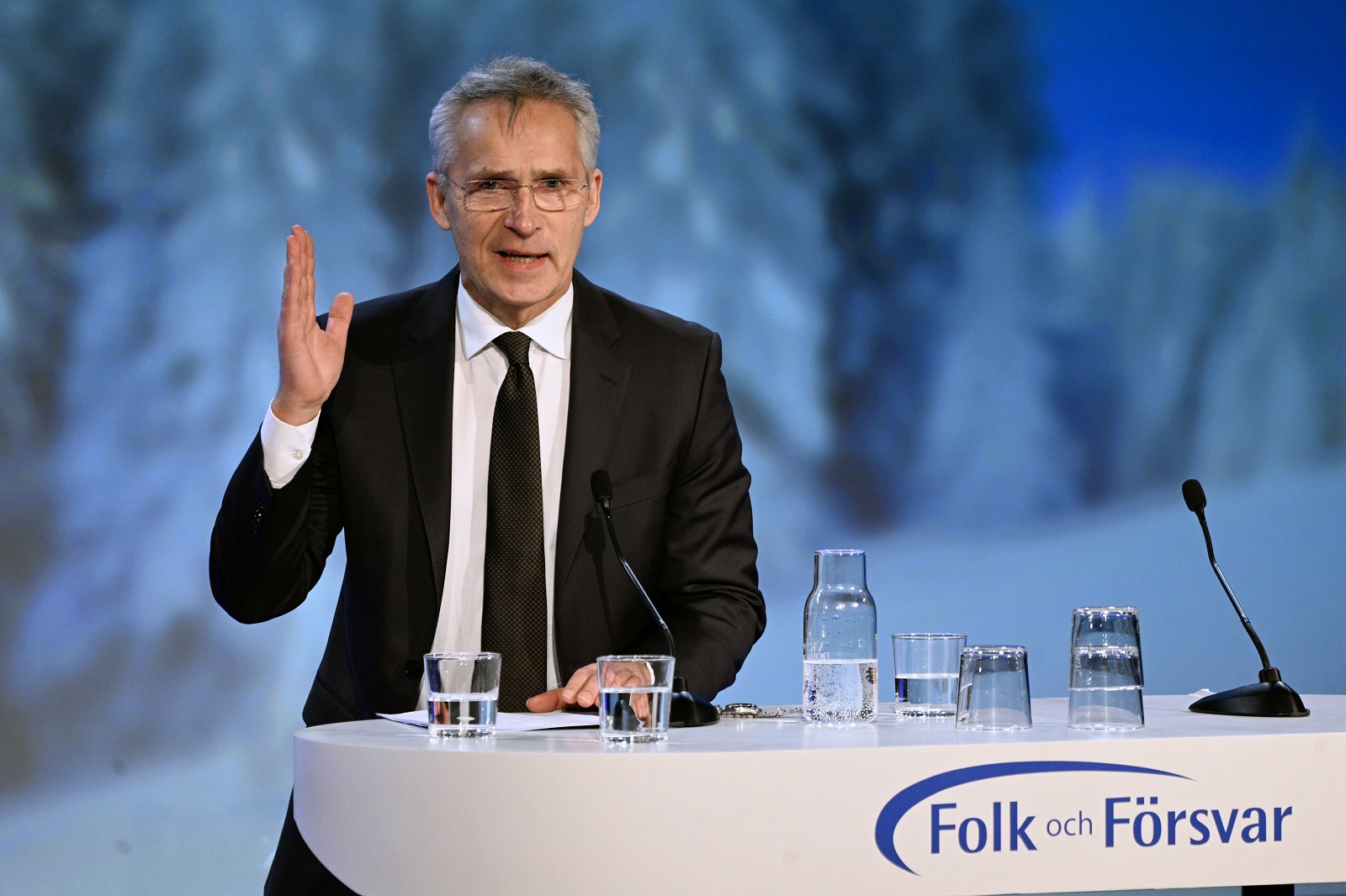 epa10395544 NATO Secretary General Jens Stoltenberg speaks during the annual Society and Defence Conference in Salen, Sweden, 08 January 2023. The Society and Defence Conference (Folk och Försvar) Annual National Conference is the foremost meeting place for the Swedish security and defence policy community.  EPA/Henrik Montgomery SWEDEN OUT