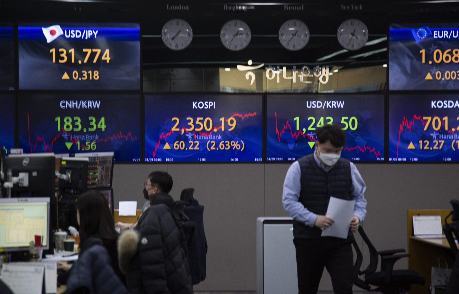 epa10396602 South Korean dealers work in front of monitors at the Hana Bank in Seoul, South Korea, 09 January 2023. The benchmark South Korea Composite Stock Price Index (KOSPI) rose 60.22 points, or 2.63 percent, to close at 2,350.19.  EPA/JEON HEON-KYUN