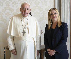 epa10397968 A handout picture provided by the Vatican Media shows Pope Francis (L) and Italian Prime Minister Giorgia Meloni (R) during a meeting at the Vatican City, 10 January 2023.  EPA/VATICAN MEDIA HANDOUT  HANDOUT EDITORIAL USE ONLY/NO SALES