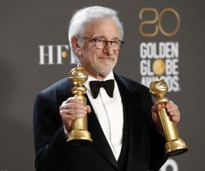 epa10399367 US director Steven Spielberg poses with the awards for Best Director of a Motion Picture and Best Motion Picture – Drama in the press room during the 80th annual Golden Globe Awards ceremony in Beverly Hills, California, USA, 10 January 2023. Artists in various film and television categories are awarded Golden Globes by the Hollywood Foreign Press Association.  EPA/CAROLINE BREHMAN