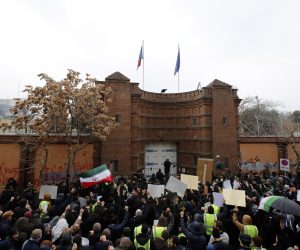 epa10400052 People chant slogans outside the French embassy during a protest in Tehran, Iran, 11 January 2023. Iran harshly condemned the publication of cartoons depicting Iranian Supreme Leader Ayatollah Ali Khamenei by the French magazine Charlie Hebdo. Iran has shut down the French Institute of Research on 05 January after its foreign ministry released a statement stressing that 'Iran will not tolerate a muted response to such an anti-cultural and anti-human move by the French magazine, will reconsider its cultural interaction with France, and will shut down the French Institute for Research in Iran'.  EPA/ABEDIN TAHERKENAREH