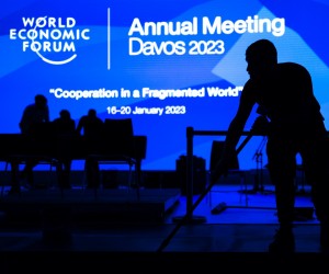 epa10406532 Workers set the main stage on the eve of the 52nd annual meeting of the World Economic Forum (WEF) in Davos, Switzerland, 15 January 2023. The meeting brings together entrepreneurs, scientists, corporate and political leaders in Davos under the topic 'Cooperation in a Fragmented World' from 16 to 20 January.  EPA/GIAN EHRENZELLER