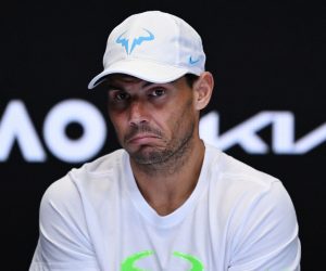 epa10412479 Rafael Nadal of Spain attends a press conference after losing his match against Mackenzie McDonald of the USA during the 2023 Australian Open tennis tournament at Melbourne Park in Melbourne, Australia, 18 January 2023.  EPA/LUKAS COCH AUSTRALIA AND NEW ZEALAND OUT