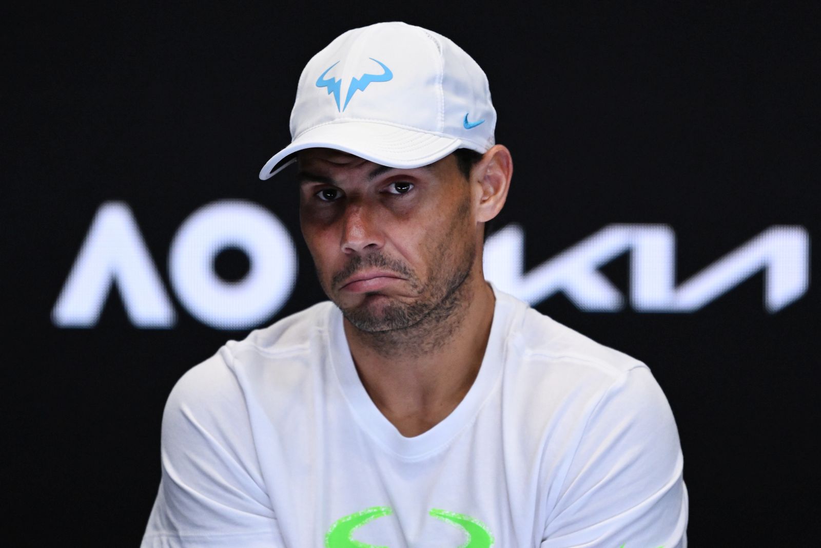 epa10412479 Rafael Nadal of Spain attends a press conference after losing his match against Mackenzie McDonald of the USA during the 2023 Australian Open tennis tournament at Melbourne Park in Melbourne, Australia, 18 January 2023.  EPA/LUKAS COCH AUSTRALIA AND NEW ZEALAND OUT