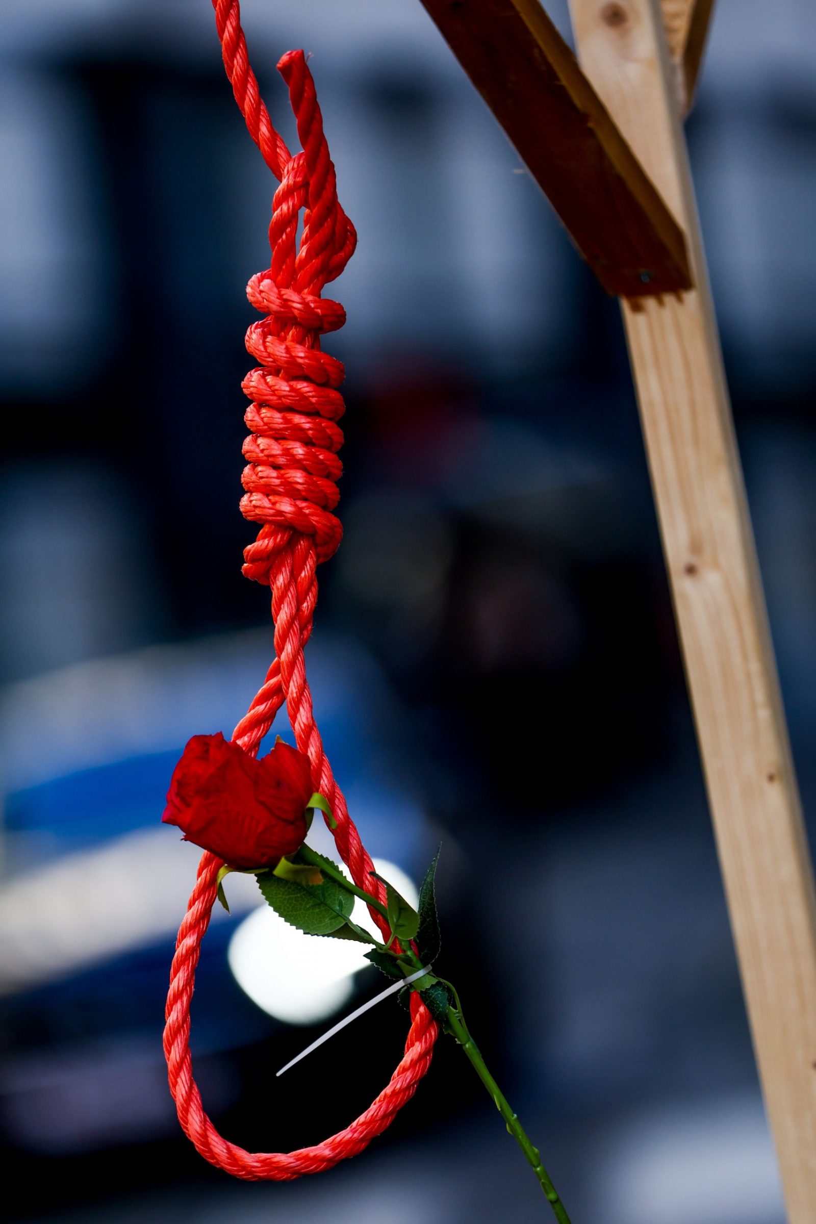 epa10413567 A hanging rope and rose stand near Iranian people protesting outside the Ministry of Foreign Affairs in Brussels, Belgium, 18 January 2023. The protesters are calling Belgian authorities to place Islamic Revolutionary Guard Corps (IRGC) and the Iranian Ministry of Intelligence on the EU and UN 'terrorist list'.  EPA/STEPHANIE LECOCQ
