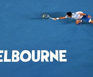 epa10415247 Novak Djokovic of Serbia stretches to return to Enzo Couacaud of France during their second round match at the 2023 Australian Open tennis tournament in Melbourne, Australia, 19 January 2023.  EPA/LUKAS COCH  AUSTRALIA AND NEW ZEALAND OUT