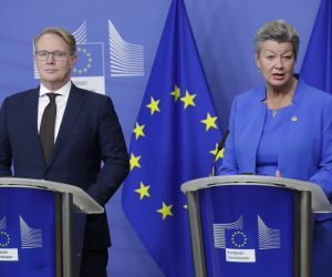 epa10415368 Executive Director of the European Border and Coast Guard (FRONTEX) Hans Leijtens (L) and European Commissioner for Home Affairs Ylva Johansson (R) address a press conference in Brussels, Belgium, 19 January 2023. Leijtens was appointed in December 2022 to run for a five-year term.  EPA/OLIVIER HOSLET