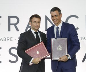 epa10415997 French President Emmanuel Macron (L) and Spanish Prime Minister Pedro Sanchez (R) pose after signing agreements in the frame of the Spain-France bilateral summit at the National Art Museum of Catalonia in Barcelona, northeastern Spain, 19 January 2023. Sanchez meets French President Emmanuel Macron in Barcelona on 19 January amid Catalan pro-independent protests in Spain and trade unions rallies in France.  EPA/ANDREU DALMAU