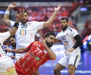 epa10420762 Bahrain's Ali Merza Ali in action during the IHF Men's World Championship handball match, Main Round group 4, between Bahrain and Egypt, in Malmo, Sweden, 21 January 2023.  EPA/Andreas Hillergren  SWEDEN OUT