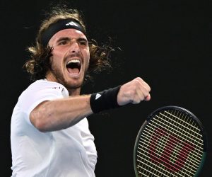 epa10422198 Stefanos Tsitsipas of Greece reacts during his 4th round match against Jannik Sinner of Italy at the 2023 Australian Open tennis tournament in Melbourne, Australia, 22 January 2023.  EPA/JOEL CARRETT  AUSTRALIA AND NEW ZEALAND OUT