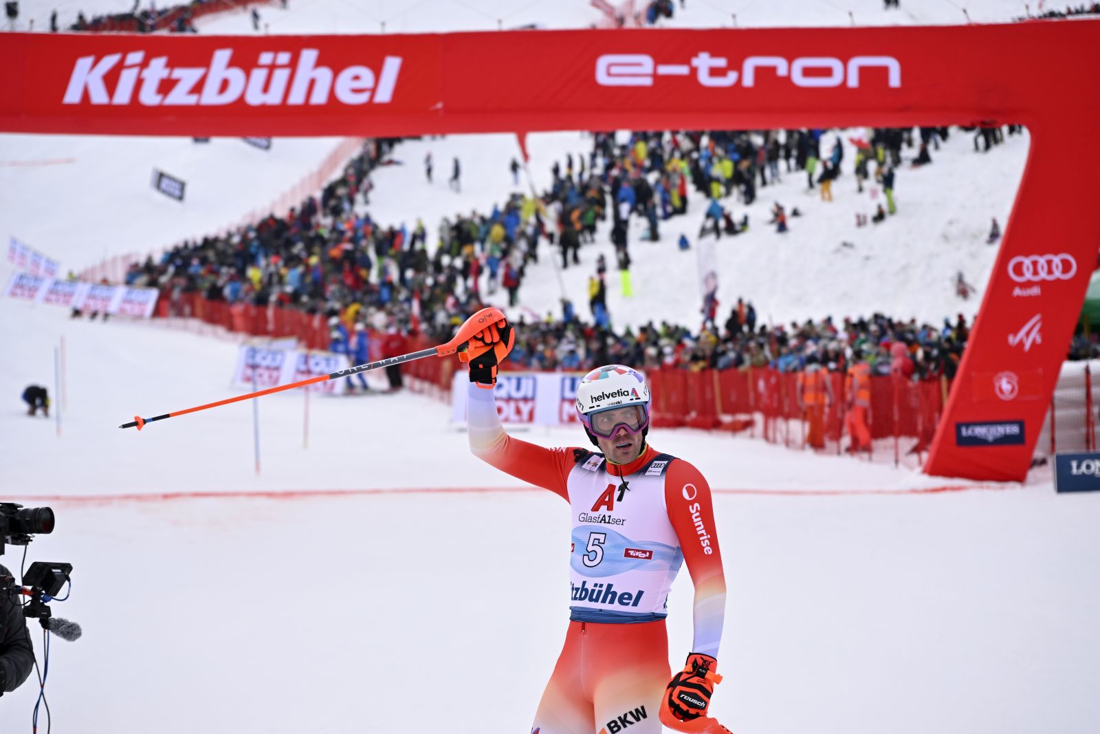 epa10422665 Daniel Yule of Switzerland reacts in the finish area during the second run of the men's slalom race at the FIS Alpine Skiing World Cup in Kitzbuehel, Austria, 22 January 2023.  EPA/JEAN-CHRISTOPHE BOTT