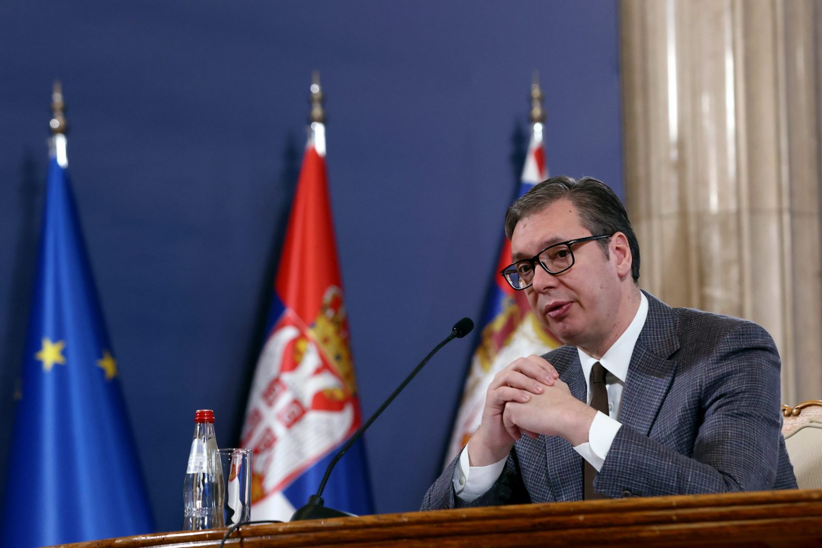 epa10425375 Serbian President Aleksandar Vucic speaks during a press conference in Belgrade, Serbia, 23 January 2023. Vucic held a press conference about the current international brokered dialogue for the normalization of relations between Serbia and Kosovo, which proclaimed independence from Serbia in 2008.  EPA/ANDREJ CUKIC