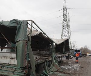 epa10431280 A damaged truck on the site after a misssile strike hit Kiyv, Ukraine, 26 January 2023. Russian missile strikes hit various energy infrastructure targets across Ukraine. According to Ukraine's energy minister Halushchenko, emergency power outages have been introduced and the most difficult situation were currently observed in Kyiv, Odesa and Vinnytsia oblasts.  EPA/SERGEY DOLZHENKO