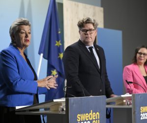 epa10431476 Ylva Johansson, EU Commissioner for Home Affairs, Gunnar Strommer, Sweden’s Minister of Justice and Maria Malmer Stenergard, 
Sweden’s Minister of Migration, during a press conference at the first informal ministerial meeting in Stockholm, Sweden, 26 January 2023, during the Swedish EU Presidency. The agenda includes EU migration policy, the fight against organized crime, and Russia’s aggression against Ukraine.  EPA/Henrik Montgomery  SWEDEN OUT