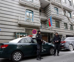 epa10432870 Iranian police stand guard in front of the Azerbaijan Embassy in Tehran, Iran, 27 January 2022. According to Iranian police, a securty guard of the embassy was killed and two other people were wounded in a gun attack on the Azerbaijan Embassy in Tehran.  EPA/ABEDIN TAHERKENAREH