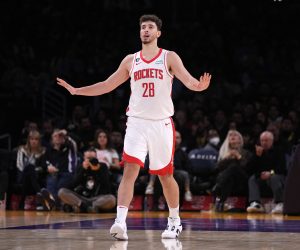 Jan 16, 2023; Los Angeles, California, USA; Houston Rockets center Alperen Sengun (28) reacts after a three-point basket against the Los Angeles Lakers in the first half at Crypto.com Arena. Mandatory Credit: Kirby Lee-USA TODAY Sports Photo: Kirby Lee/REUTERS