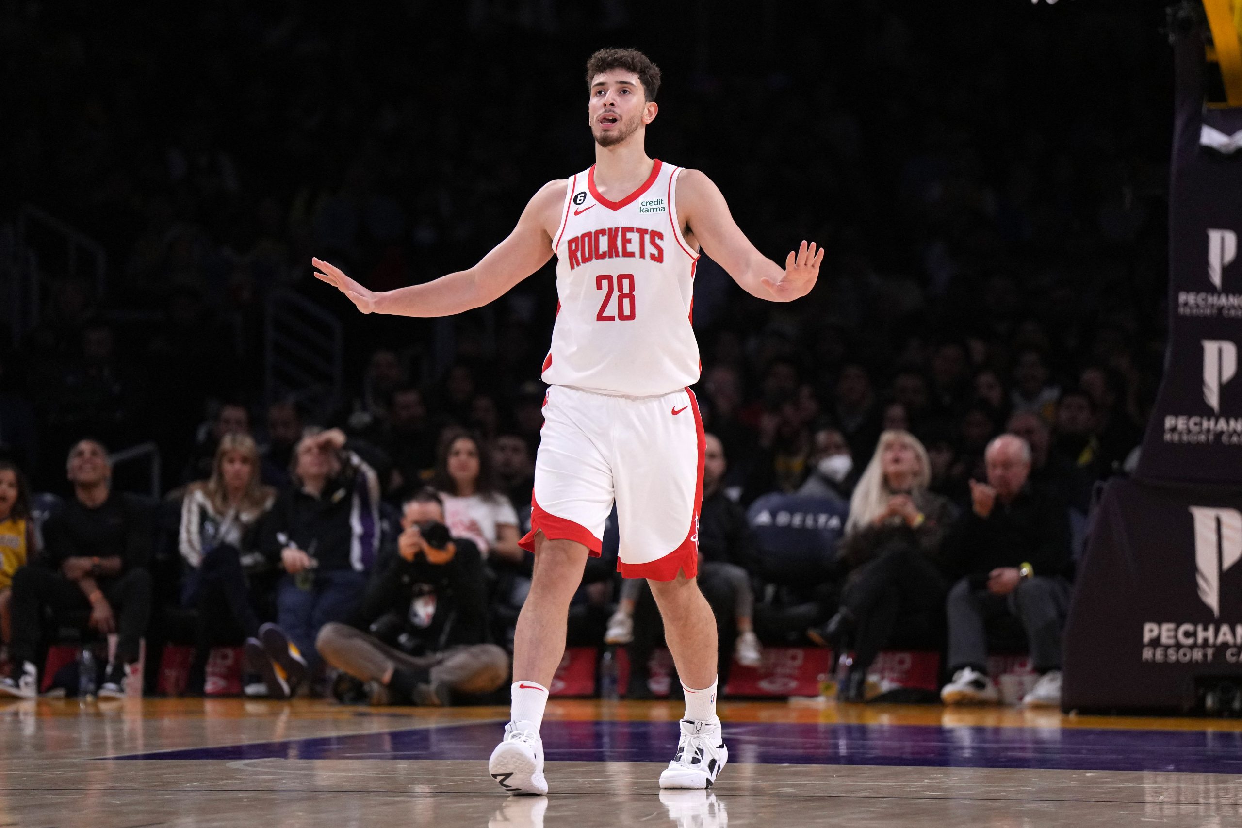 Jan 16, 2023; Los Angeles, California, USA; Houston Rockets center Alperen Sengun (28) reacts after a three-point basket against the Los Angeles Lakers in the first half at Crypto.com Arena. Mandatory Credit: Kirby Lee-USA TODAY Sports Photo: Kirby Lee/REUTERS