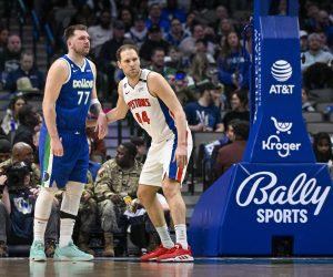 Jan 30, 2023; Dallas, Texas, USA; Dallas Mavericks guard Luka Doncic (77) and Detroit Pistons forward Bojan Bogdanovic (44) look for the ball during the second half at the American Airlines Center. Mandatory Credit: Jerome Miron-USA TODAY Sports Photo: Jerome Miron/REUTERS