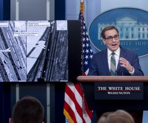 epa10418784 Coordinator for Strategic Communications at the National Security Council in the White House John Kirby speaks beside monitors depicting images that the White House says show North Korean arms being transported by Russian railcars, during a news briefing in the James Brady Press Briefing Room of the White House in Washington, DC, USA, 20 January 2023. The United States will impose new sanctions against Russian private military company, Wagner Group; and will declare it a 'Transnational Criminal Organization' for aiding Russia's effort in the war in Ukraine.  EPA/MICHAEL REYNOLDS