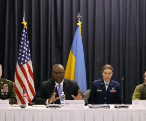 epa09909471 U.S. Secretary of Defense Lloyd J. Austin III (2-L) speaks in the presence of Ukrainian Defense Minister Oleksii Reznikov (R) and US Chairman of the Joint Chiefs of Staff, general Mark Milley (L) during a meeting of Ministers of Defense at the US Air Base in Ramstein, Germany, 26 April 2022.The U.S. Secretary of Defense Austin has invited Ministers of Defense and senior military officials from around the world to Ramstein to discuss the ongoing crisis in Ukraine and various security issues facing U.S. allies and partners.  EPA-EFE/RONALD WITTEK