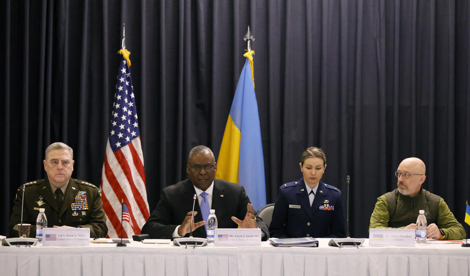 epa09909471 U.S. Secretary of Defense Lloyd J. Austin III (2-L) speaks in the presence of Ukrainian Defense Minister Oleksii Reznikov (R) and US Chairman of the Joint Chiefs of Staff, general Mark Milley (L) during a meeting of Ministers of Defense at the US Air Base in Ramstein, Germany, 26 April 2022.The U.S. Secretary of Defense Austin has invited Ministers of Defense and senior military officials from around the world to Ramstein to discuss the ongoing crisis in Ukraine and various security issues facing U.S. allies and partners.  EPA-EFE/RONALD WITTEK