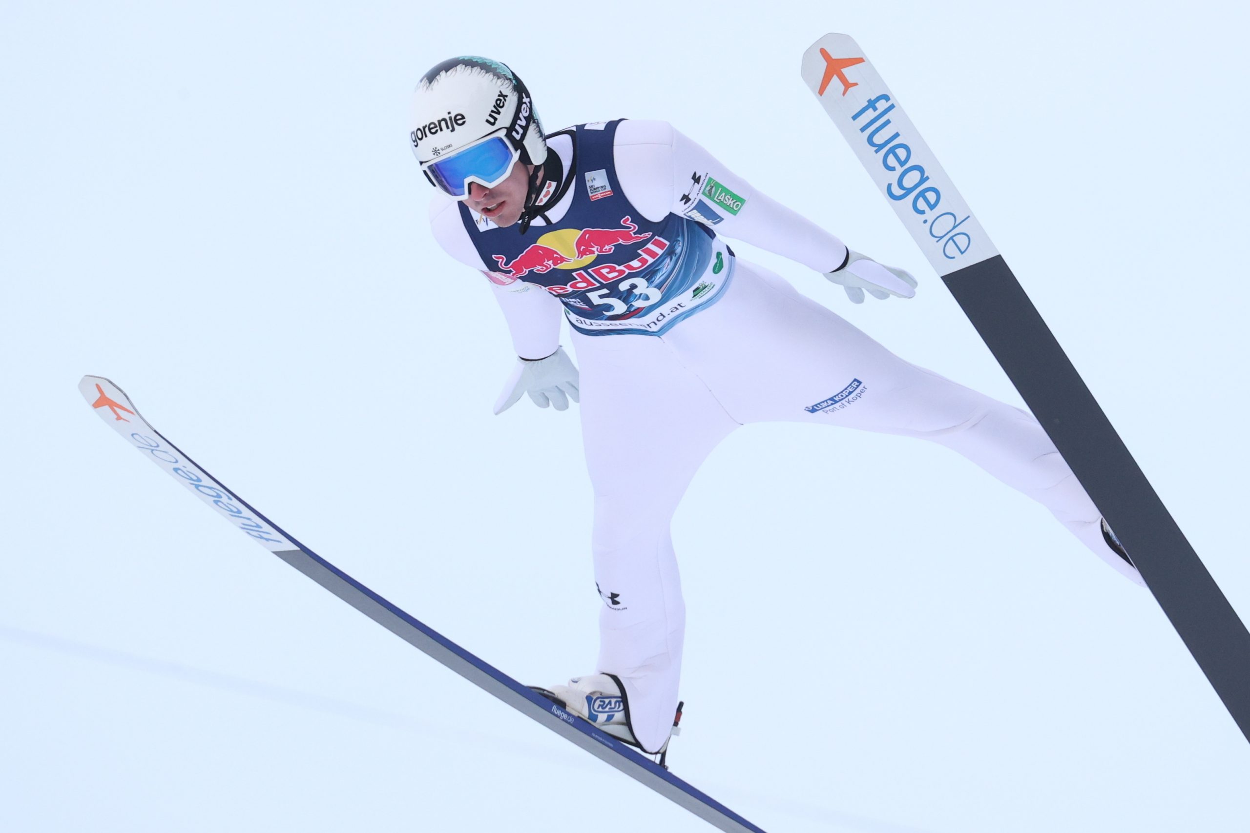 epa10438559 Timi Zajc of Slovenia in action during for the FIS Ski Flying World Cup competition at the Kulm mammoth hill in Bad Mitterndorf, Austria, 29 January 2023.  EPA/Grzegorz Momot POLAND OUT