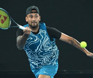 epa10402627 Nick Kyrgios of Australia in action against Novak Djokovic of Serbia during a practice match ahead of the 2023 Australian Open tennis tournament at Melbourne Park in Melbourne, Australia, 13 January 2023.  EPA/JAMES ROSS  AUSTRALIA AND NEW ZEALAND OUT