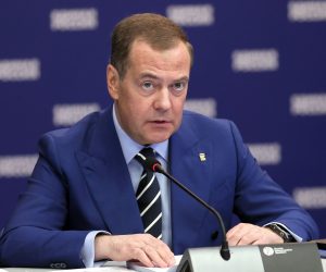 epa10425181 Chairman of the United Russia Party and Deputy chairman of the Russian Security Council Dmitry Medvedev speaks during a meeting of the Supreme Council of the United Russia Party in Moscow, Russia, 23 January 2023.  EPA/EKATERINA SHTUKINA / SPUTNIK / POOL MANDATORY CREDIT