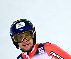 epa10427350 Samuel Kolega of Croatia reacts in the finish area during the second run of the Men's Slalom Night race of the FIS Alpine Skiing World Cup in Schladming, Austria, 24 January 2023.  EPA/CHRISTIAN BRUNA