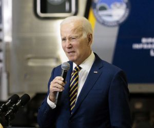 epa10441588 US President Joseph Biden speaks about federal infrastructure funding for the Hudson River Tunnel Project at an event in the Hudson Yards train yard in New York, New York, USA, 31 January 2023.  EPA/JUSTIN LANE