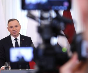 epa10442482 Polish President Andrzej Duda attends the press conference after his meeting with Latvian president in Riga, Latvia, 01 February 2023. President Duda is on a three-day official visit to Latvia. Presidents of Poland and Latvia discuss how to provide Ukraine support that it needs, security and energy in Europe, and other priorities.  EPA/TOMS KALNINS